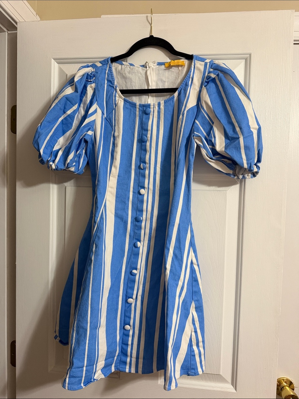 Flying Tomato Blue and White Striped Puff Sleeve Mini Button Down Dress Large